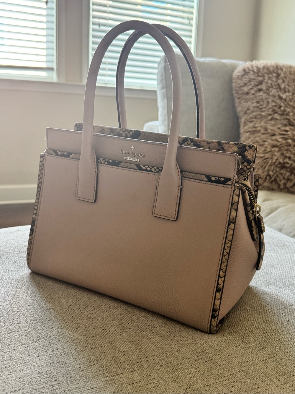 kate spade Blush Pink Satchel with Snake-Print Trim